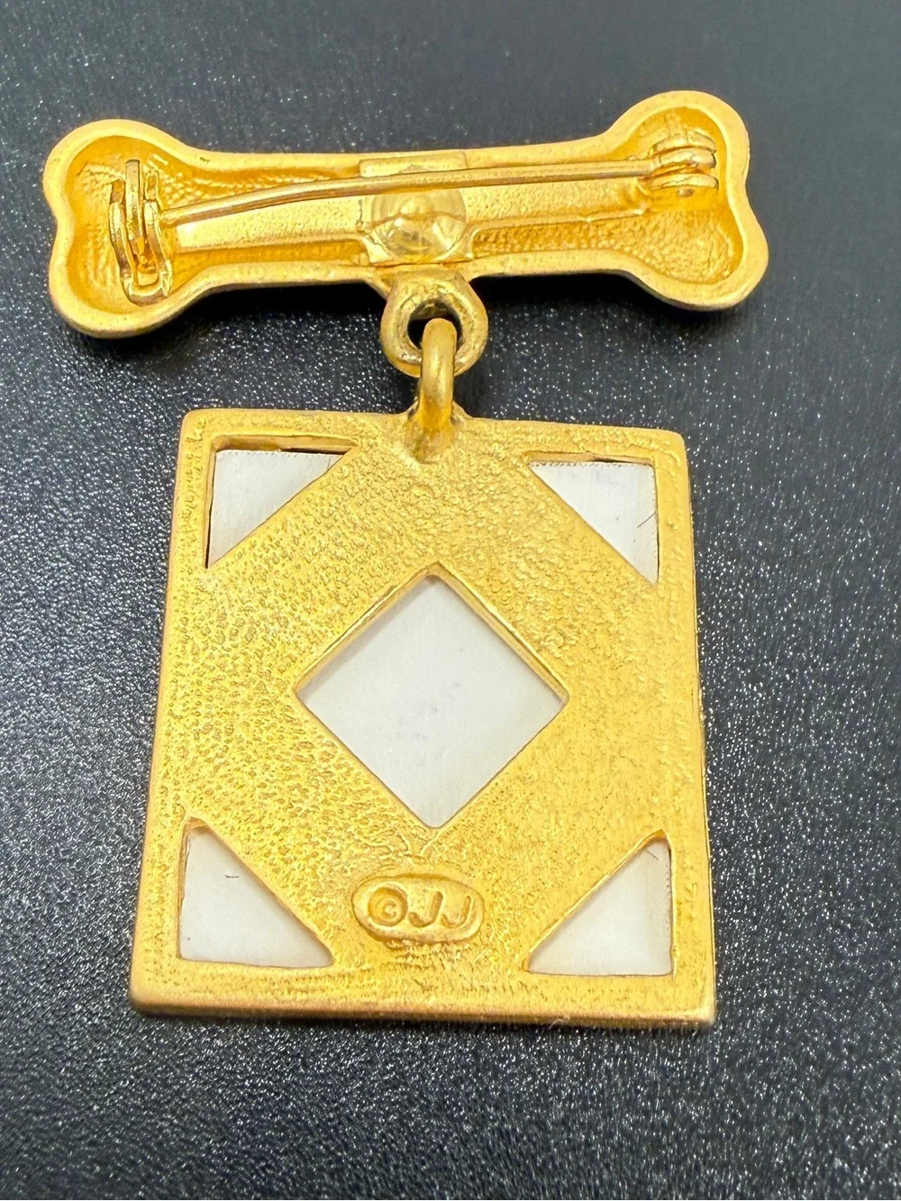 Vintage JJ Dog Photo Frame Bone Dangle Brooch Gold Tone